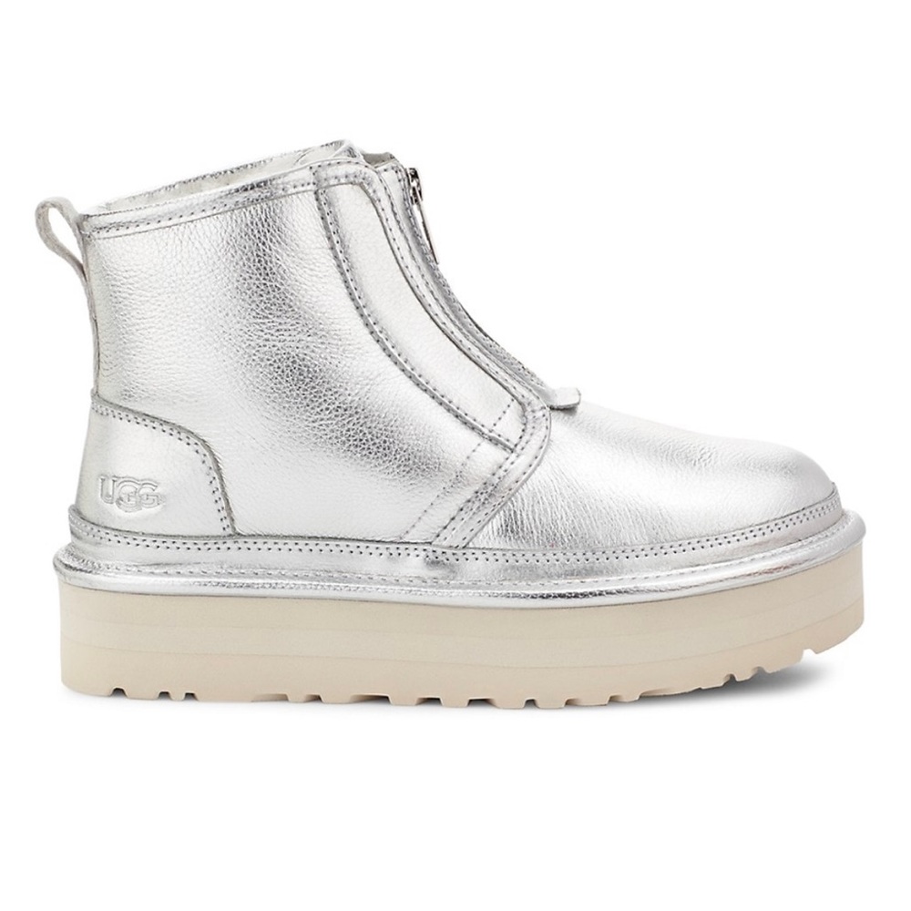 UGG WOMEN NEUMEL PLATFORM ZIP SHINE SILVER METALLIC SHOE US 6 / EU 37 / UK 4